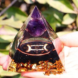 Orgonite Pyramid Resin Energy Generators, Reiki Natural Amethyst & Obsidian Chips Inside for Home Office Desk Decoration, Gemini, 50x50x50mm(PW-WG63740-03)