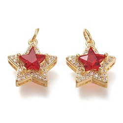 Brass Glass Pendants, with Micro Pave Clear Cubic Zirconia and Jump Ring, Star, Real 18K Gold Plated, Red, 15.5x14x6.5mm, Hole: 3.2mm(ZIRC-F116-07A-G)