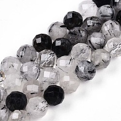 Natural Tourmalinated Quartz Beads Strands, Round with Faceted, 7.5~8mm, Hole: 1mm, about 23~26pcs/strand, 7.36~7.72''(18.7~19.6cm)(G-S345-8mm-30)