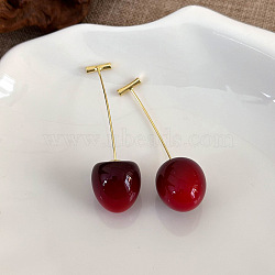 Cherry Resin Dangle Stud Earrings, Zinc Alloy Findings, Golden, Black, 16x15mm(XZ7798-2)