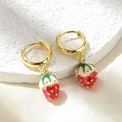 Brass Hoop Earrings, with Enamel, Real 18K Gold Plated, Strawberry, 29.5x10.5mm(EJEW-S251-04E-G)