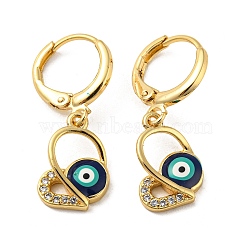 Real 18K Gold Plated Brass Dangle Leverback Earrings, with Enamel and Cubic Zirconia, Evil Eye, Midnight Blue, 27x10mm(EJEW-A033-16G)