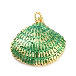 Real 18K Gold Plated Rack Plating Brass Enamel Pendants, with Jump Ring, Long-Lasting Plated, Lead Free & Cadmium Free, Shell Shape Charm, Light Green, 23x25x5.5mm, Hole: 3mm(KK-M293-32G-04)