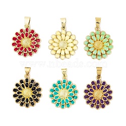 Brass Enamel Pendants, Real 18K Gold Plated, Flower Charm, Mixed Color, 24x20x4mm, Hole: 5x3.5mm(KK-E108-04G)