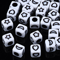 Opaque Acrylic Beads, Cube with Moon or Star or Heart, White, 6x6x6mm, Hole: 3mm, about 2995pcs/500g(SACR-S273-40)