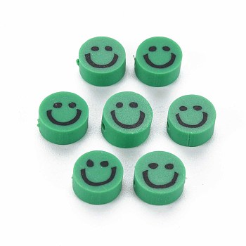 Handmade Polymer Clay Beads, Flat Round with Smiling Face, Medium Sea Green, 8~9x4mm, Hole: 1.5mm
