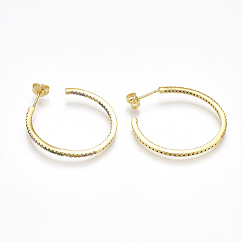 Brass Cubic Zirconia Stud Earrings, Half Hoop Earrings, with Ear Nuts, Ring, Golden, 30x30mm, Pin: 0.7mm