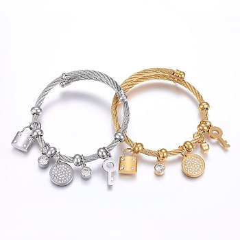 304 Stainless Steel Bangles, with Rhinestone, Flat Round & Lock & Key, Mixed Color, 2-1/4 inch(5.7cm), Pendant: 10~20x7~15x2~5mm