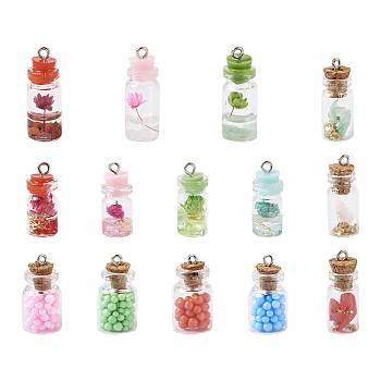 Fashewelry 28Pcs 4 Style Glass Wishing Bottle Pendant Decorations, with Filler Inside & Iron Finding, Mixed Color, 28pcs/box