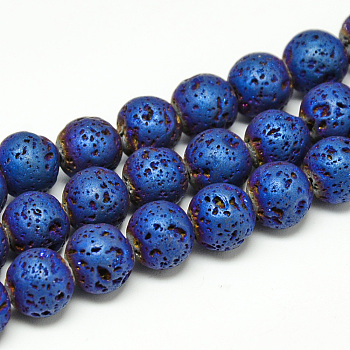 Electroplate Natural Lava Rock Beads Strands, Matte Style, Round, Blue Plated, 6~7mm, Hole: 1mm, about 60pcs/strand, 14.7~15.1 inch