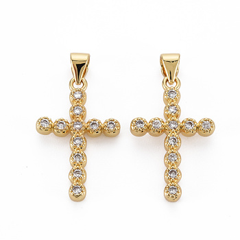 Brass Micro Pave Cubic Zirconia Pendants, Nickel Free, Cross, Real 16K Gold Plated, 23.5x15x3mm, Hole: 3.5x4.5mm