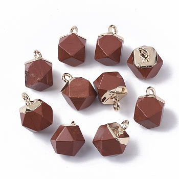 Natural Red Jasper Charms, with Top Golden Plated Iron Loops, Star Cut Round Beads, 12x10x10mm, Hole: 1.8mm