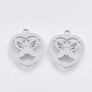 201 Stainless Steel Pendants, Laser Cut Pendants, Heart with Butterfly, Stainless Steel Color, 17.5x15x1mm, Hole: 1.4mm