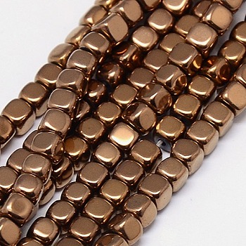 Electroplate Non-magnetic Synthetic Hematite Beads Strands, Cube, Grade A, Copper Plated, 2x2x2mm, Hole: 0.6mm, about 200pcs/strand, 16 inch