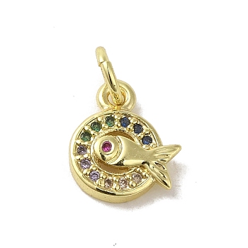 Real 18K Gold Plated Brass Pave Colorful Cubic Zirconia Pendants, with Jump Rings, Fish, 9x10.5x2mm, Hole: 3mm