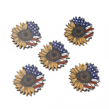 American Flag Theme Single Face Printed Aspen Wood Big Pendants, Sunflower Charm, Goldenrod, 49x50x2.5mm, Hole: 1.6mm