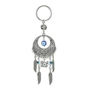 Handmade Lampwork Evil Eye Pendant Keychain, with 304 Stainless Steel Split Key Rings & Alloy Findings, Flat Round with Feather, Butterfly, 14cm