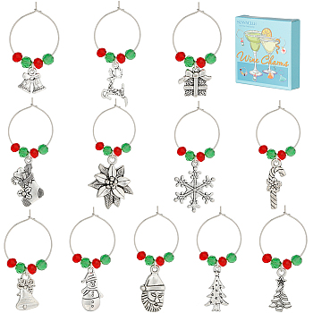 12Pcs Christmas Theme Tibetan Style Alloy & Glass Pendants Wine Glass Charms, Goblet Marker, with Brass Wine Glass Charm Rings, Bell/Snowflake/Christmas Tree, Antique Silver, 45~58mm