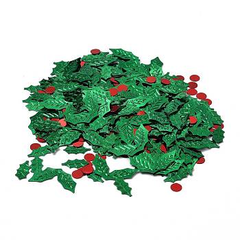 Plastic Table Scatter Confetti, for Christmas Party Decorations, Leaf & Red Flat Round, Green, 6.5~18.5x6.5~28x0.25~0.6mm