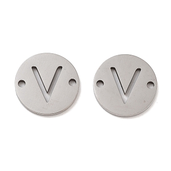 201 Stainless Steel Hollow Flat Round Links, Letter Connector Charms, Stainless Steel Color, Letter V, 12x1mm, Hole: 1.2mm