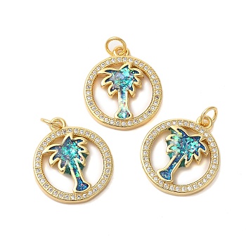 Brass Micro Pave Cubic Zirconia Pendants, with Synthetic Opal, Long-Lasting Plated, Lead Free & Cadmium Free, Ring with Coconut Tree, with Jump Rings, Real 18K Gold Plated, 20x18x3mm, Hole: 3mm