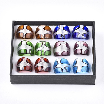 Handmade Silver Foil Lampwork Wide Band Rings, Mixed Color, Size 7~9, 17~19mm, about 12pcs/box