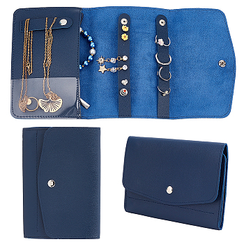 PU Leather Storage Bags, Jewelry Storage Pouches, with Snap Buttons, Rectangle, Marine Blue, Fold: 15x10.8x1.3cm