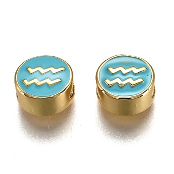 Brass Beads, with Enamel, Flat Round with Constellation, Real 18K Gold Plated, Light Sky Blue, Aquarius, 10x5mm, Hole: 4.5x2.5mm