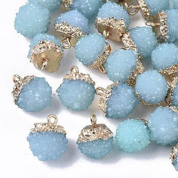 Druzy Resin Pendants, with Top Light Gold Plated Iron Loops, Waxberry, Sky Blue, 15~17x12~14x12~13mm, Hole: 1.8mm