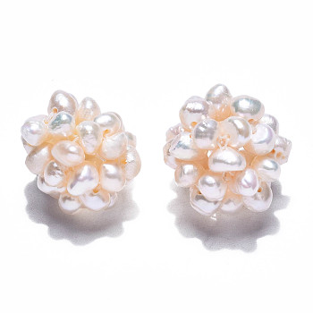 Round Natural Cultured Freshwater Pearl Beads, Handmade Ball Cluster Beads, Creamy White, 15.5~17mm, Hole: 1.8mm