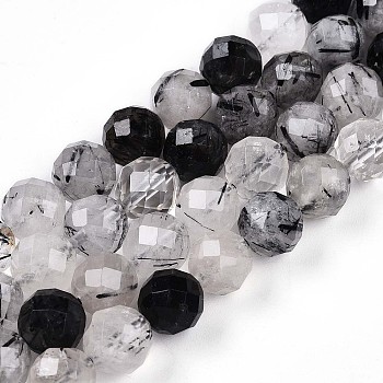 Natural Tourmalinated Quartz Beads Strands, Round with Faceted, 7.5~8mm, Hole: 1mm, about 23~26pcs/strand, 7.36~7.72''(18.7~19.6cm)