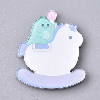 Acrylic Safety Brooches, with Iron Pin, Dinosaur with Wooden Horse, Lilac, 39x32.5x8mm, Pin: 0.8mm