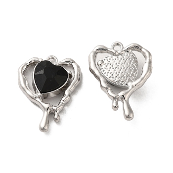 Glass Melting Heart Pendant, with Platinum Alloy Findings, Lead Free & Cadmium Free, Black, 20x15.5x5.5mm, Hole: 1.4mm