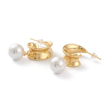 Brass Half Hoop Earrings, with Steel Pin, Plastic Ear Nuts and Shell Pearl, Long-Lasting Plated, Semicircular, Real 18K Gold Plated, 33x8mm, Pin: 0.8mm
