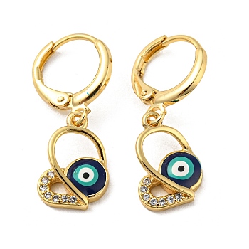 Real 18K Gold Plated Brass Dangle Leverback Earrings, with Enamel and Cubic Zirconia, Evil Eye, Midnight Blue, 27x10mm