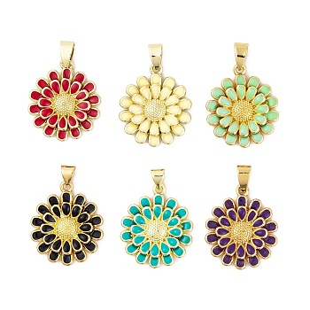 Brass Enamel Pendants, Real 18K Gold Plated, Flower Charm, Mixed Color, 24x20x4mm, Hole: 5x3.5mm