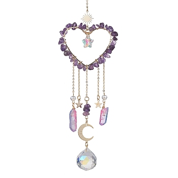 Natural Amethyst Chip Beads with Brass Findings Pendant Decorations, Heart Hanging Suncatcher, 252~270mm