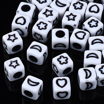 Opaque Acrylic Beads, Cube with Moon or Star or Heart, White, 6x6x6mm, Hole: 3mm, about 2995pcs/500g