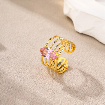 304 Stainless Steel & Cubic Zirconia Cuff Open Rings, Square, Golden, Pink, US Size 7 1/4(17.5mm)
