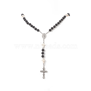 Natural Lava Rock & Synthetic Turquoise Cross Rosary Bead Necklace(NJEW-JN04202)-4