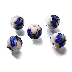 Handmade Lampwork Beads, Round with Butterfly & Flower, Royal Blue, 14~16x13.5~14mm, Hole: 2.8mm(LAMP-K042-07B)