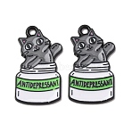 Alloy Enamel Pendants, Cat Shape & Bottle with Word ANTIDEPRESSANT Charms, Black, Colorful, 26x15x1.5mm, Hole: 1.8mm(FIND-H069-03A-EB)