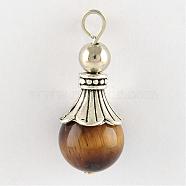 Natural Tiger Eye Pendants, with Alloy Findings, Antique Silver, Snowcone, 29.5x12.5mm, Hole: 2.5mm(G-Q459-02L)