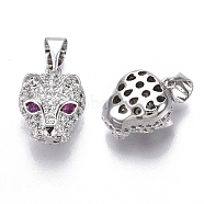 Brass Micro Pave Cubic Zirconia Charms, Nickel Free, Leopard Head, Clear, Real Platinum Plated, 13.5x10.5x8mm, Hole: 4mm(ZIRC-R109-044P-NF)