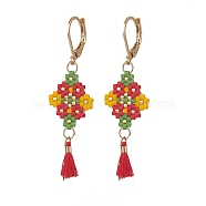 Glass Seed Braided Rhombus with Cotton Tassel Dangle Leverback Earrings, Golden 304 Stainless Steel Long Drop Earrings for Women, Colorful, 51mm, Pin: 0.8mm(EJEW-MZ00042)