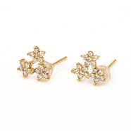 Brass Stud Earrings, with Clear Cubic Zirconia and Ear Nuts, Flower, Golden, 8x8mm, Pin: 0.9mm(EJEW-L247-02G)