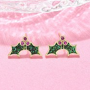 Brass Micro Pave Cubic Zirconia Stud Earrings, with Enamel and Paillette, Rack Plating, Long-Lasting Plated, Lead Free & Cadmium Free, Holly Leaf, Real 18K Gold Plated, 10x16mm(EJEW-Q015-08G)