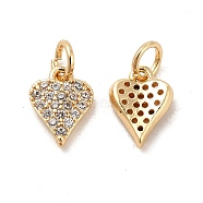 Rack Plating Brass Micro Pave Clear Cubic Zirconia Pendants, Long-Lasting Plated, Cadmium Free & Lead Free, with Jump Ring, Heart, Real 14K Gold Plated, 10.5x7.5x2mm, Hole: 3.5mm(KK-E081-13G)