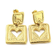 304 Stainless Steel Dangle Stud Earrings, Square with Heart, Real 14K Gold Plated, 39x23.5mm(EJEW-M233-13G)