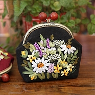 DIY Kiss Lock Bag with Flower Embroidery Kit for Beginners, Including Embroidery Cloth & Thread, Needle, Embroidery Frame, Instruction Sheet, Metal Chain with Purse Frames, Black, Finish Product: 6.50x4.92x1.57 inch(165x125x40mm)(PW-WG79209-01)